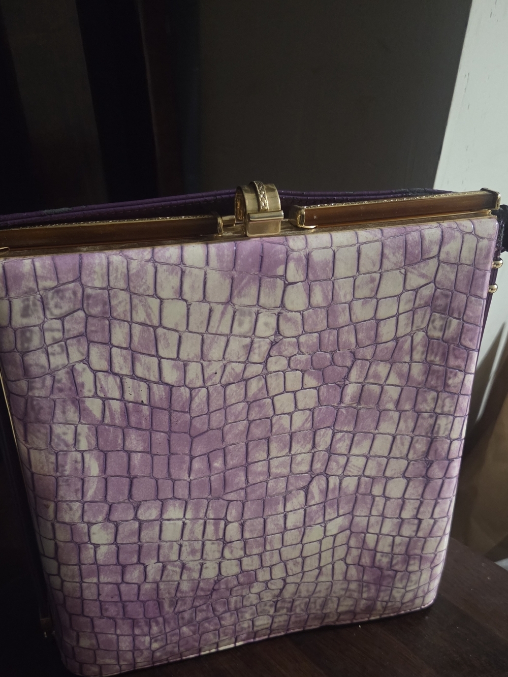 Hollister Lavender Croc-Embossed Frame Clutch with Gold Trim